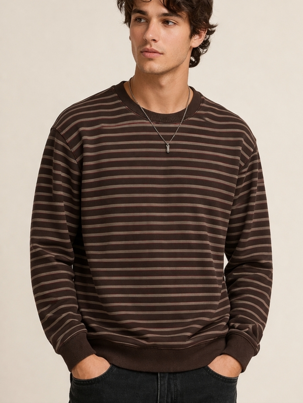 H&M Divided Striped Sweatshirt Brown Maroon Olive Crewneck Mens L